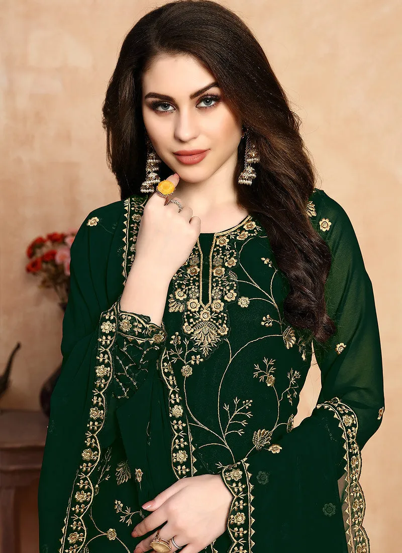 Green Golden Embroidered Designer Sharara Style Suit