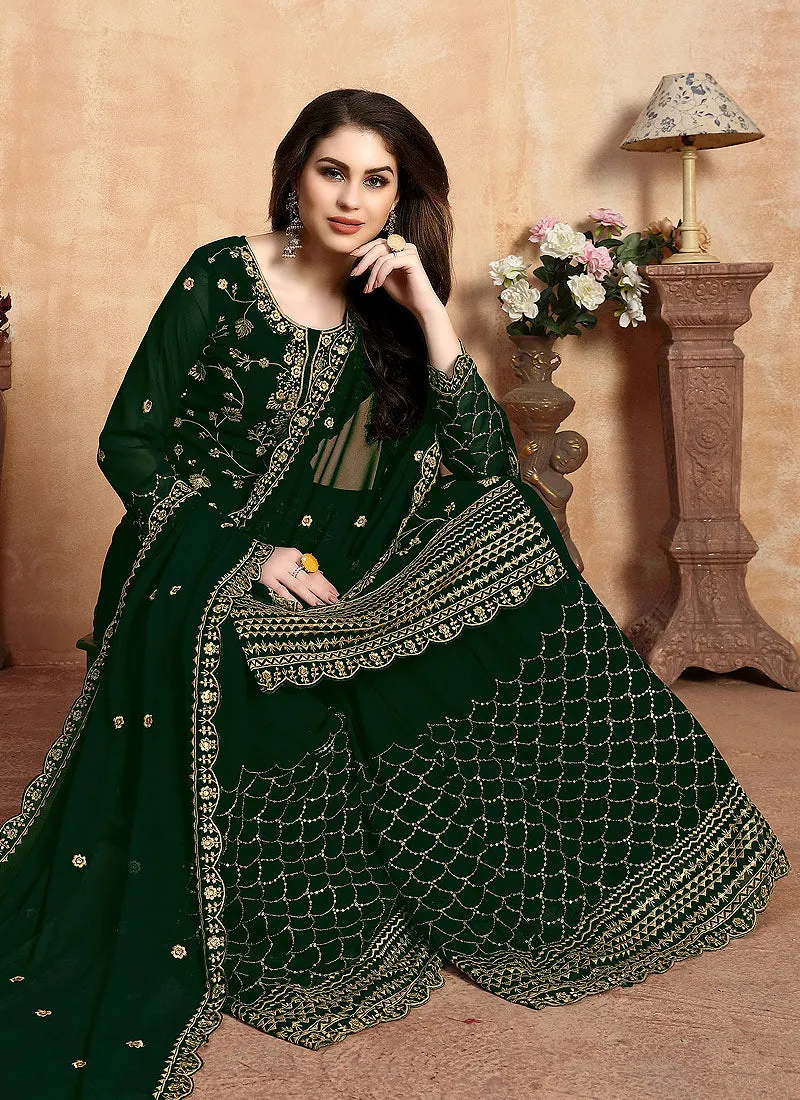 Green Golden Embroidered Designer Sharara Style Suit