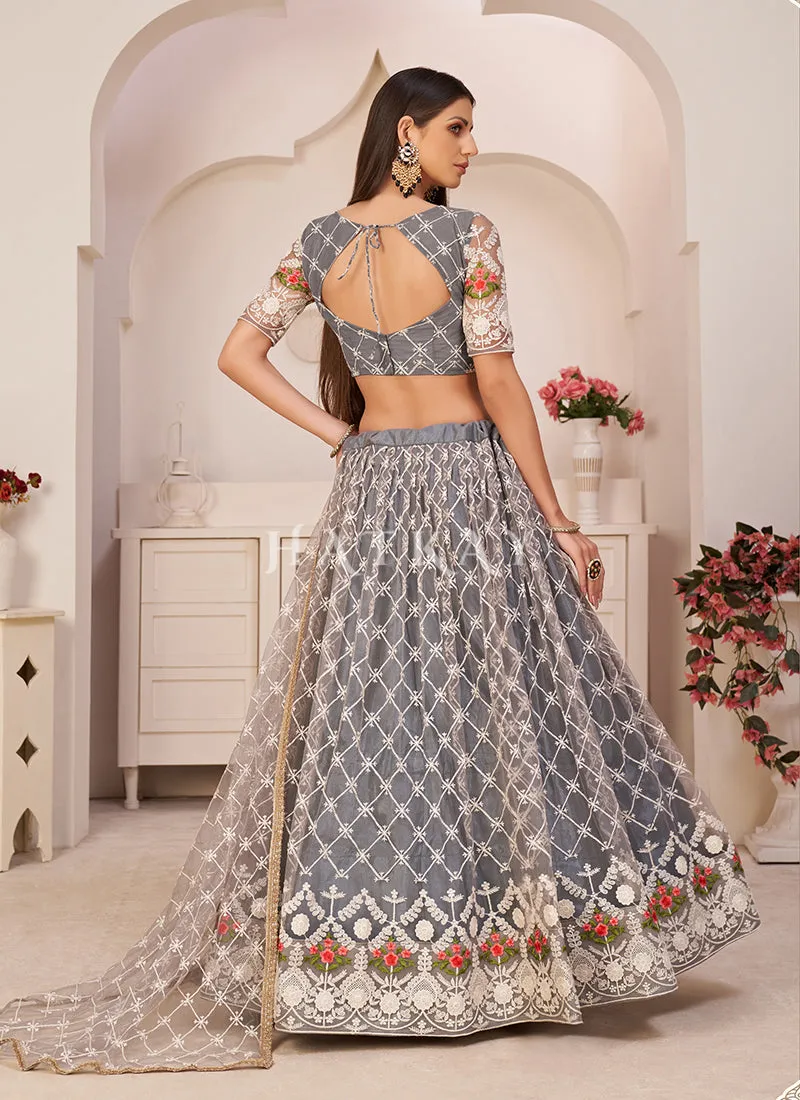 Grey Embroidered Partywear Lehenga Choli