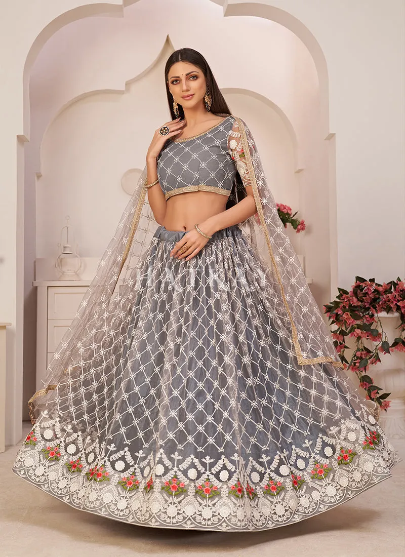 Grey Embroidered Partywear Lehenga Choli