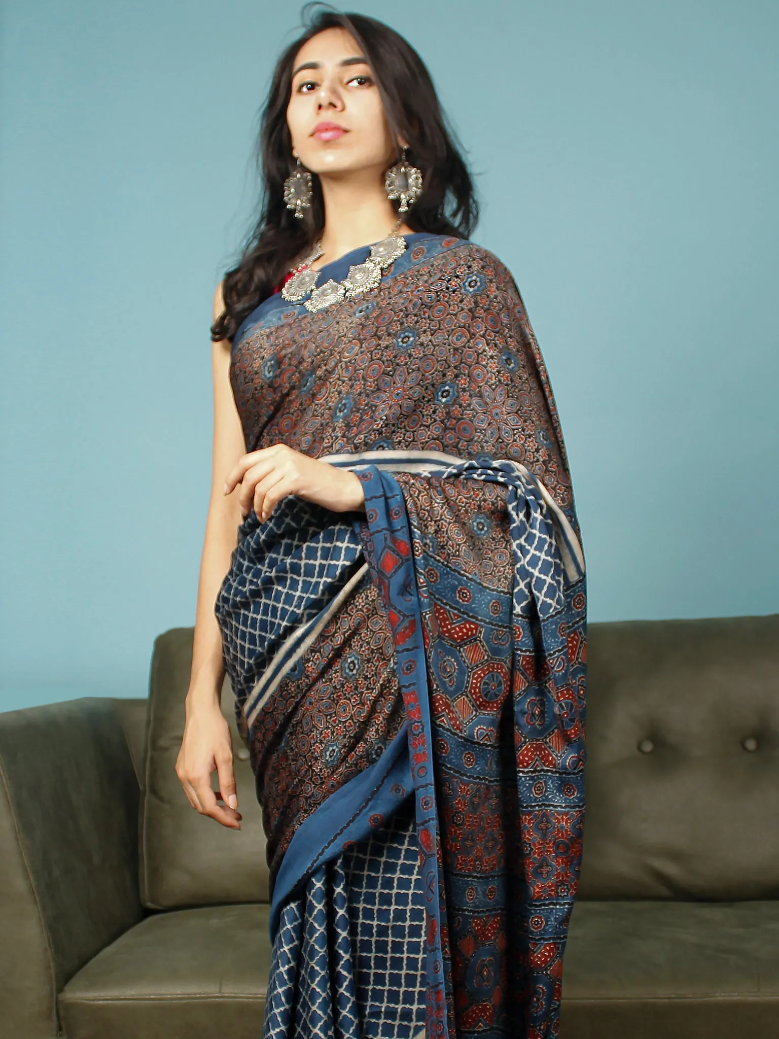 Indigo Ivory Maroon Ajrakh Hand Block Printed Modal Silk Saree in Natural Colors - S031703354