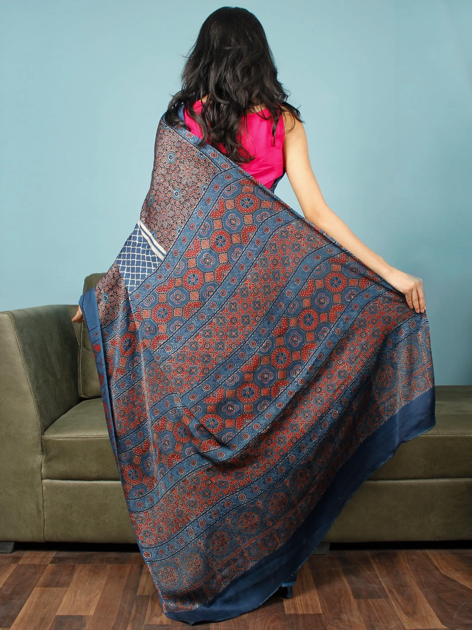 Indigo Ivory Maroon Ajrakh Hand Block Printed Modal Silk Saree in Natural Colors - S031703354