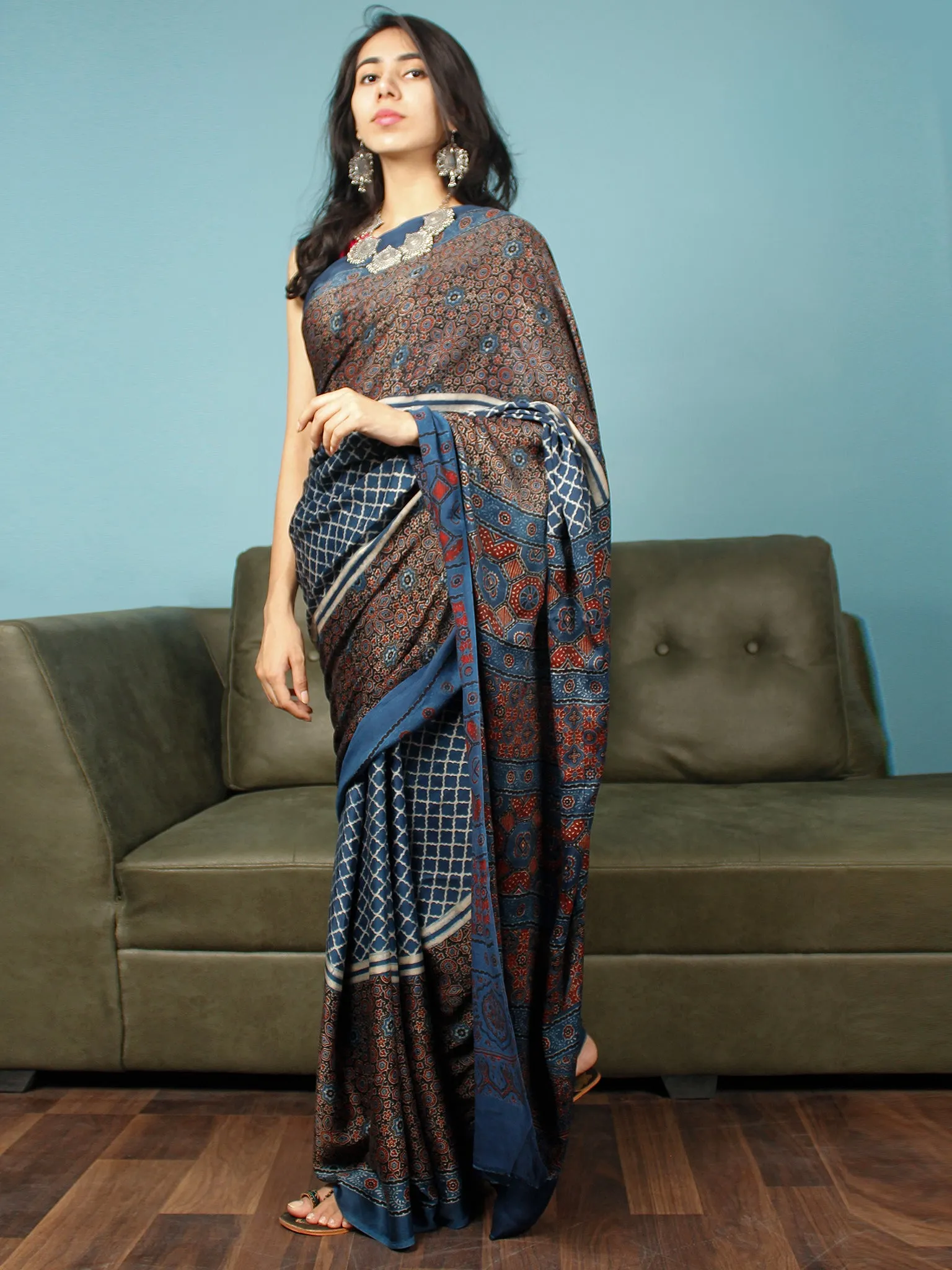 Indigo Ivory Maroon Ajrakh Hand Block Printed Modal Silk Saree in Natural Colors - S031703354