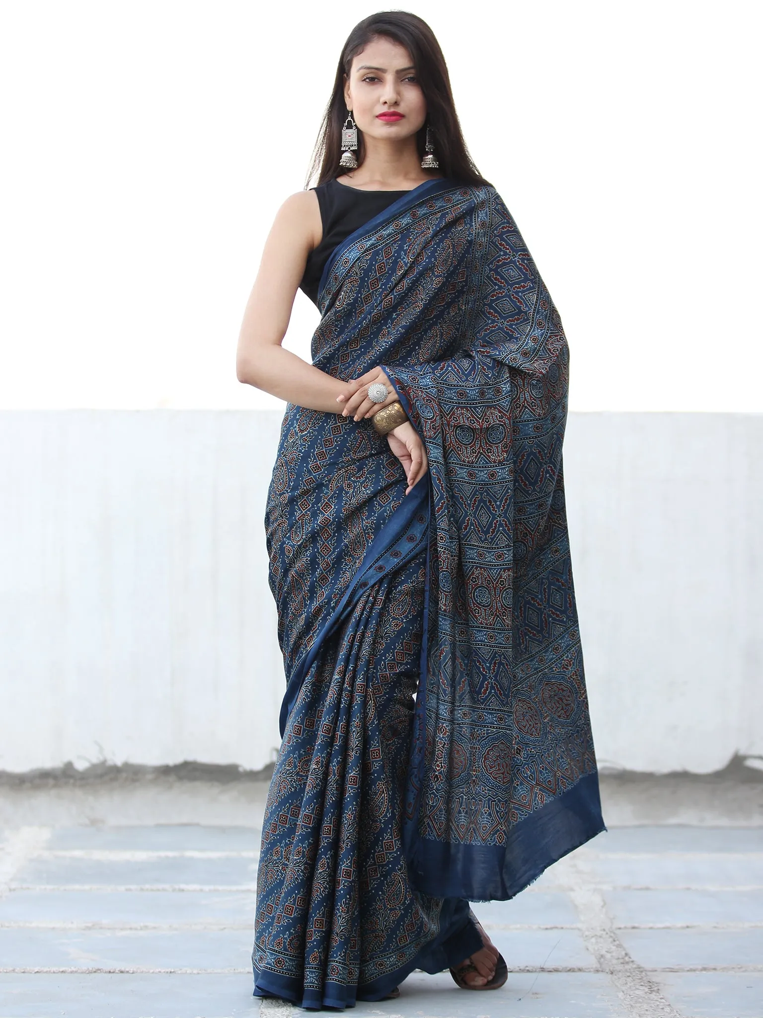 Indigo Red Black Ajrakh Hand Block Printed Modal Silk Saree  - S031703908
