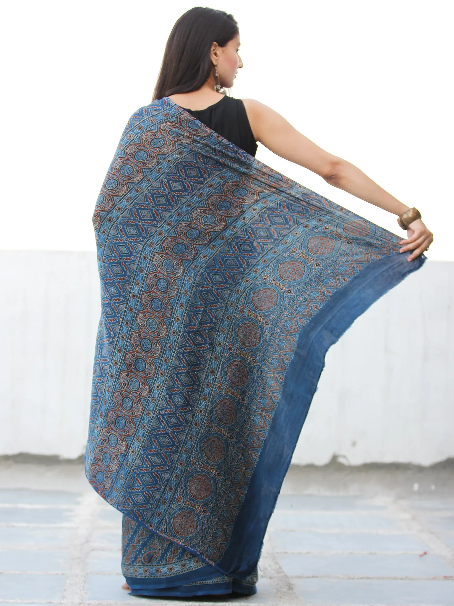 Indigo Red Black Ajrakh Hand Block Printed Modal Silk Saree  - S031703908