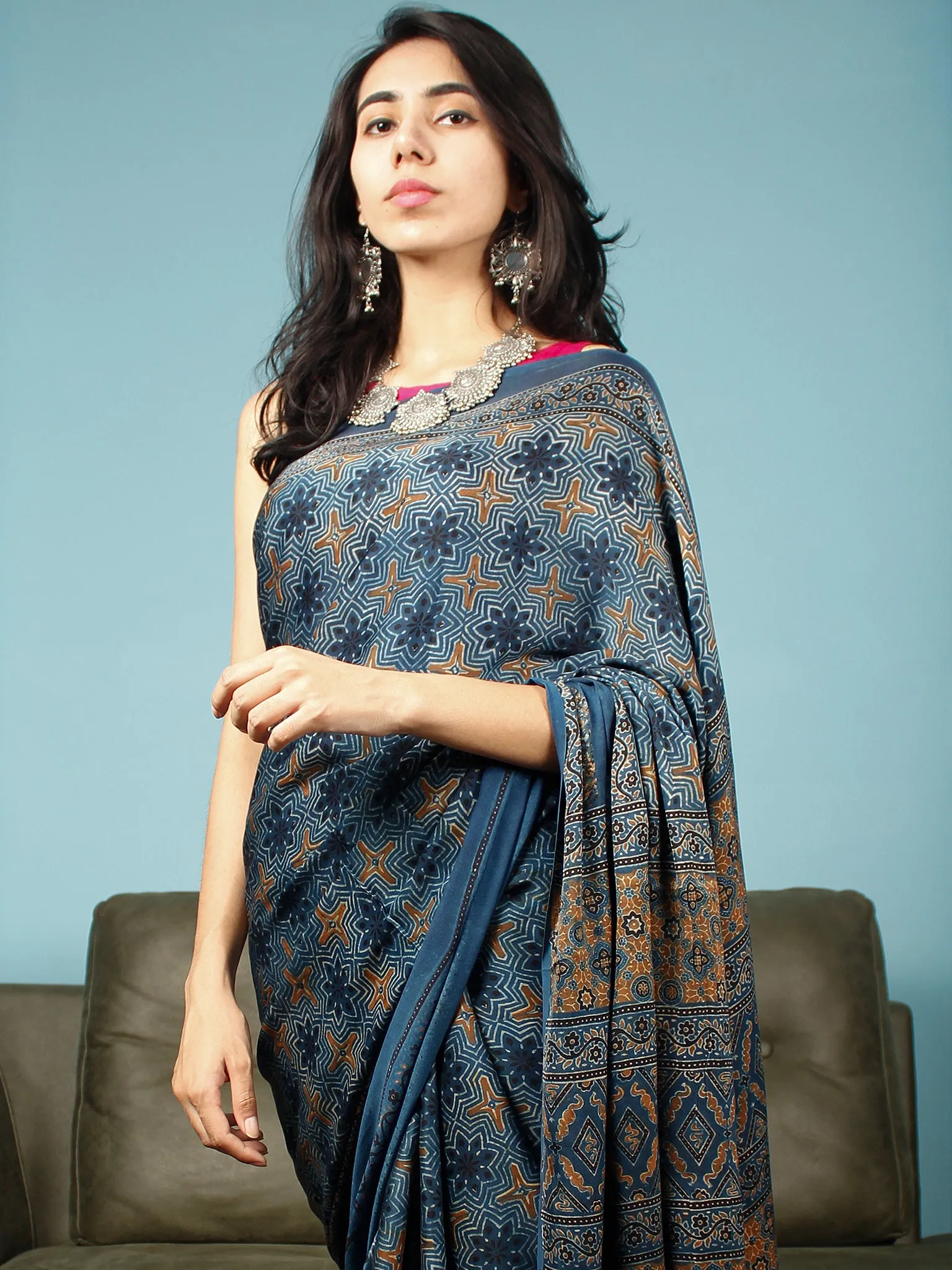 Indigo Rust Black Ajrakh Hand Block Printed Modal Silk Saree in Natural Colors - S031703350