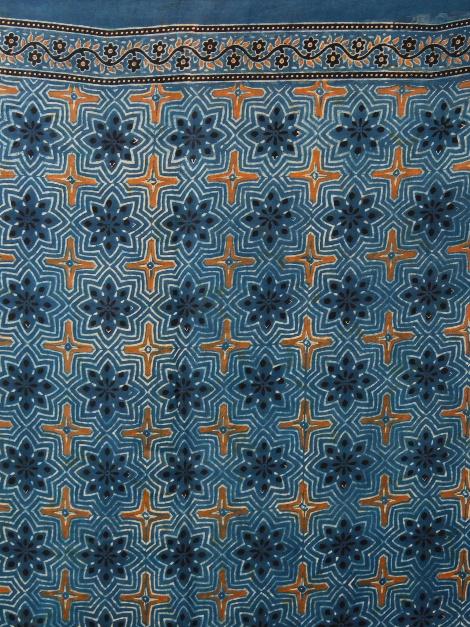 Indigo Rust Black Ajrakh Hand Block Printed Modal Silk Saree in Natural Colors - S031703350