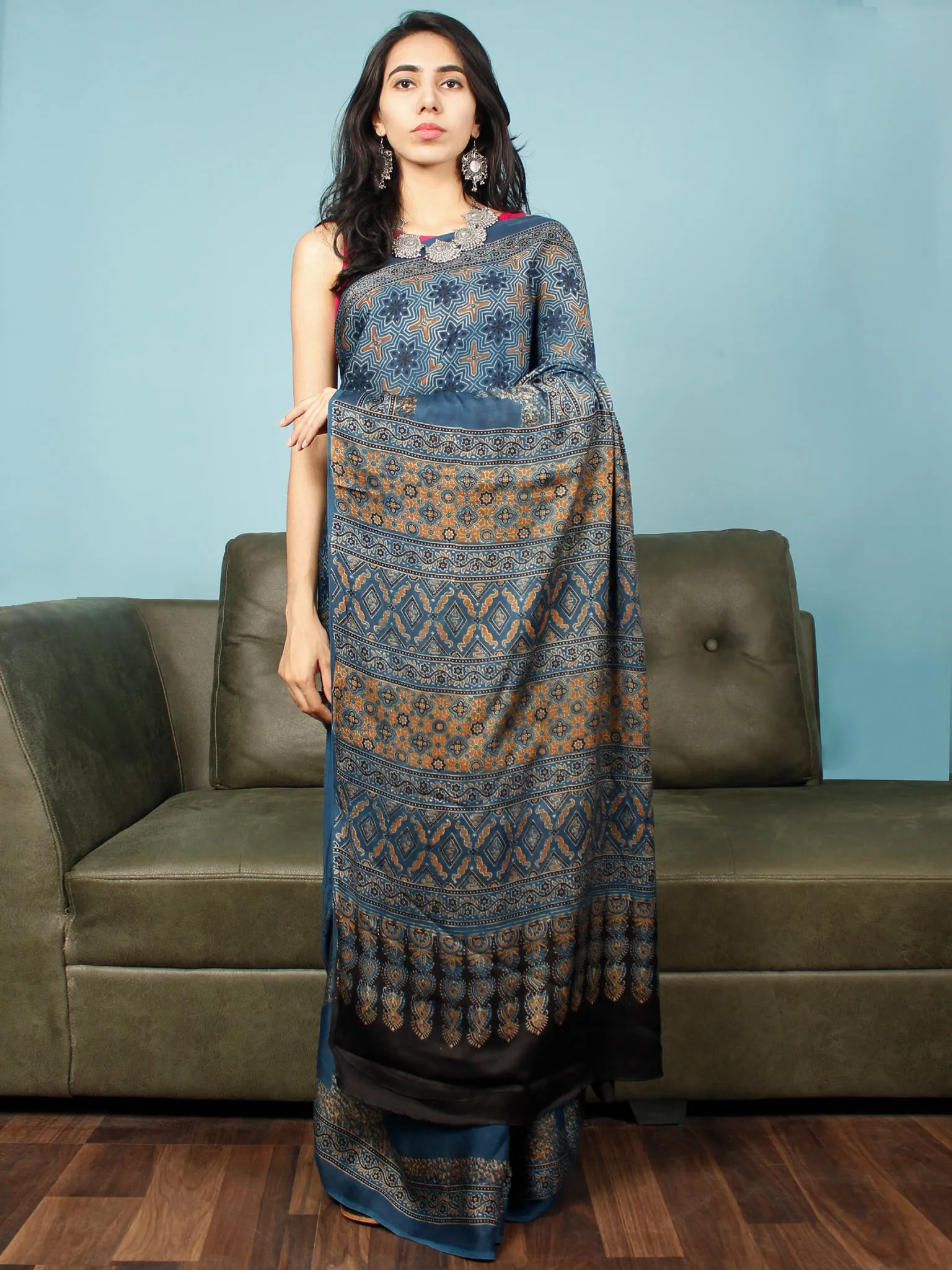 Indigo Rust Black Ajrakh Hand Block Printed Modal Silk Saree in Natural Colors - S031703350