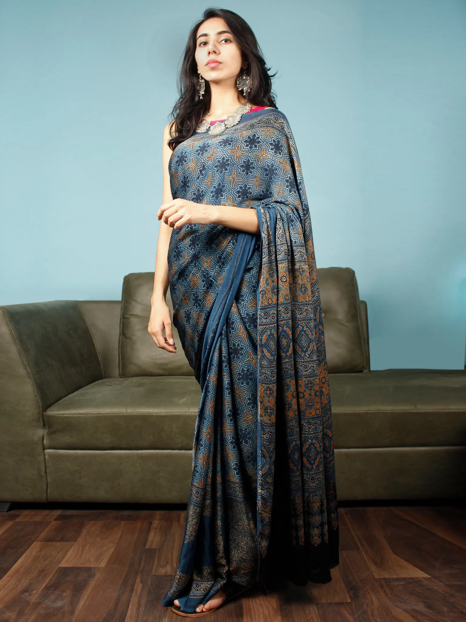 Indigo Rust Black Ajrakh Hand Block Printed Modal Silk Saree in Natural Colors - S031703350