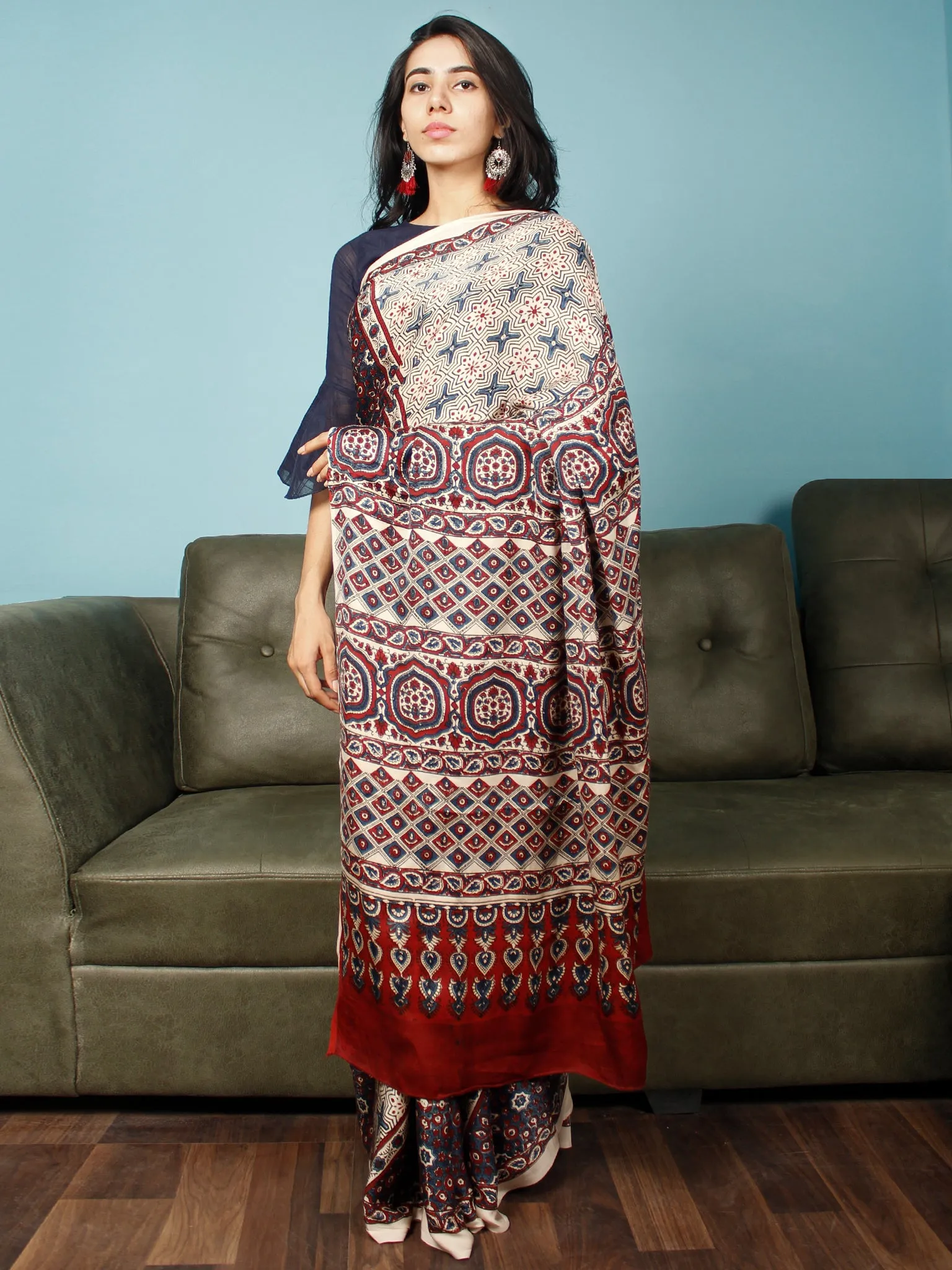 Ivory Indigo Red Ajrakh Hand Block Printed Modal Silk Saree in Natural Colors - S031703373