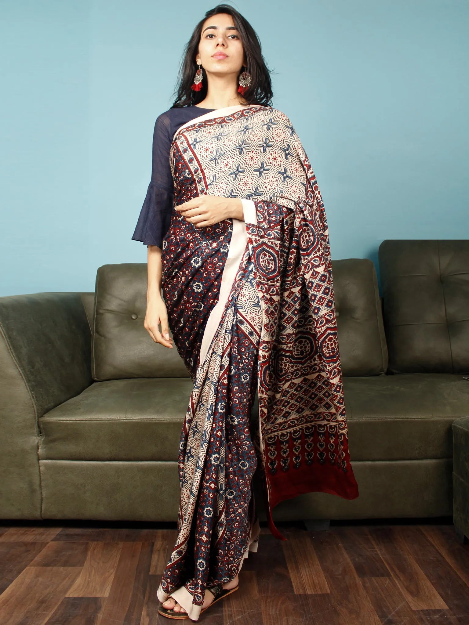 Ivory Indigo Red Ajrakh Hand Block Printed Modal Silk Saree in Natural Colors - S031703373