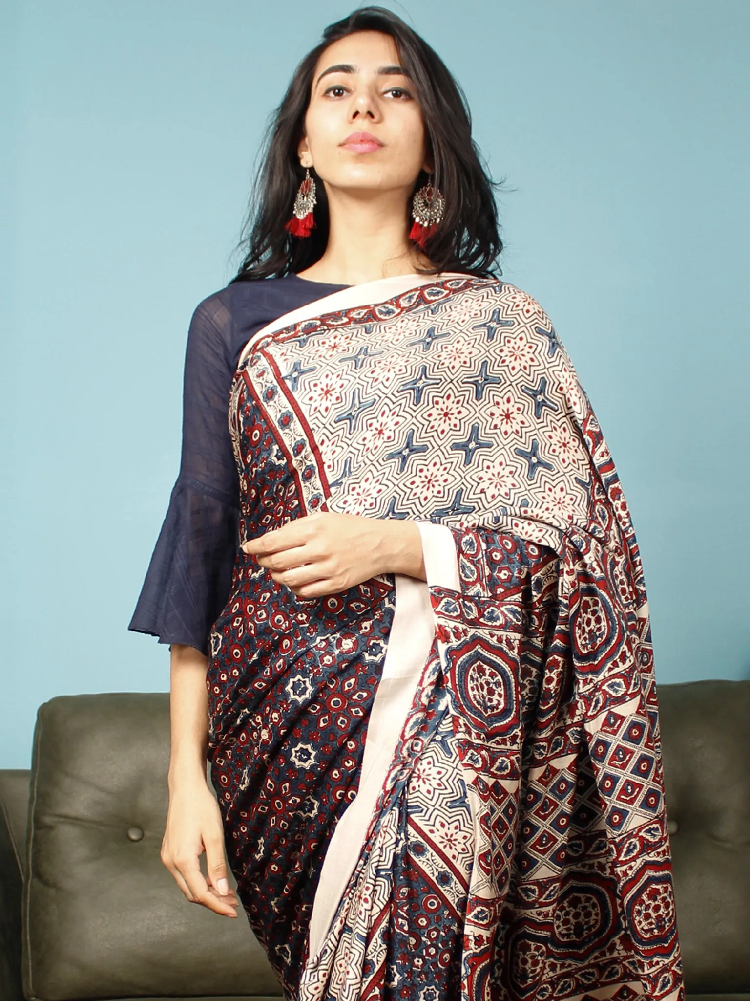 Ivory Indigo Red Ajrakh Hand Block Printed Modal Silk Saree in Natural Colors - S031703373