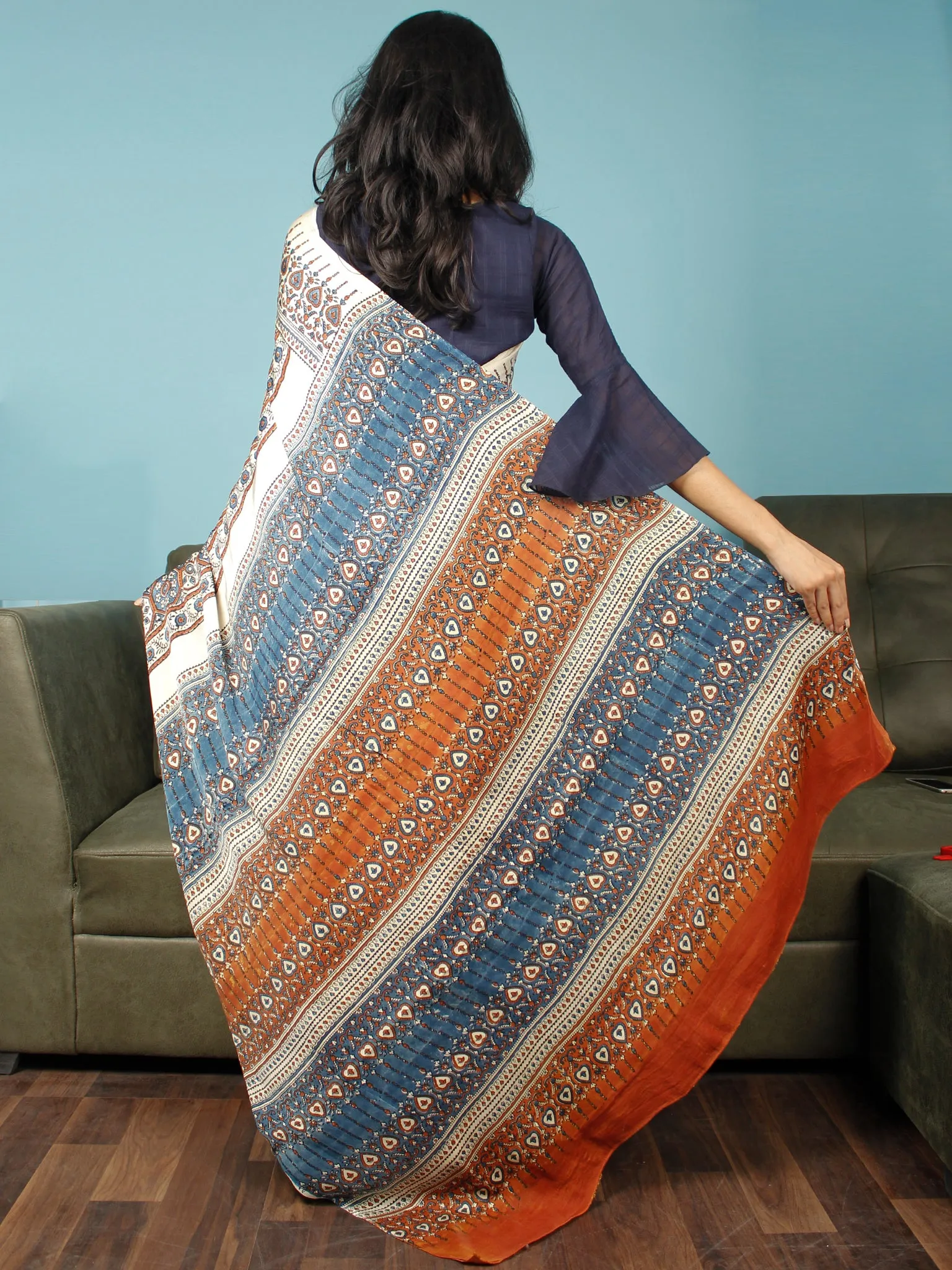 Ivory Indigo Rust Ajrakh Hand Block Printed Modal Silk Saree in Natural Colors - S031703374