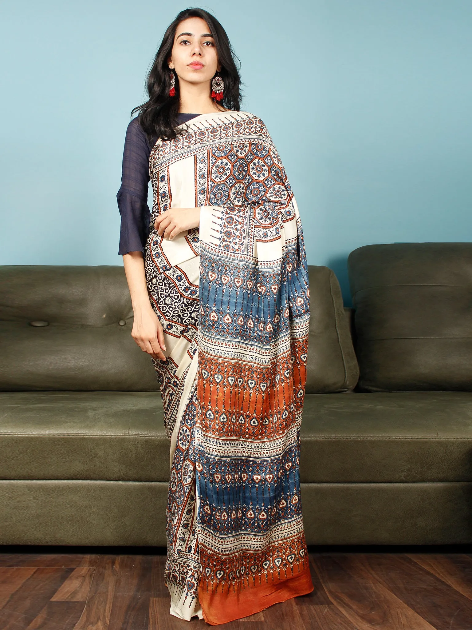 Ivory Indigo Rust Ajrakh Hand Block Printed Modal Silk Saree in Natural Colors - S031703374