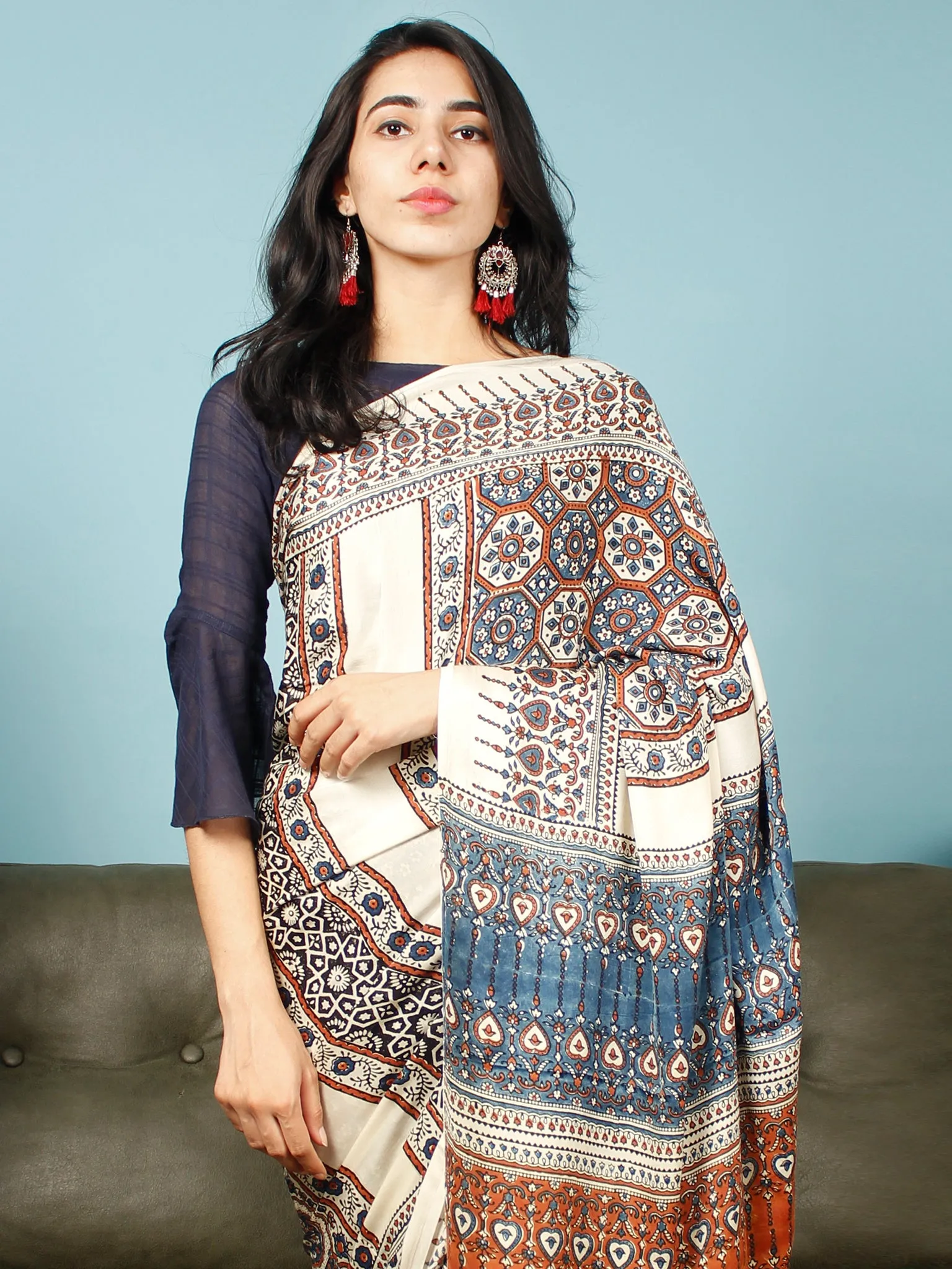 Ivory Indigo Rust Ajrakh Hand Block Printed Modal Silk Saree in Natural Colors - S031703374