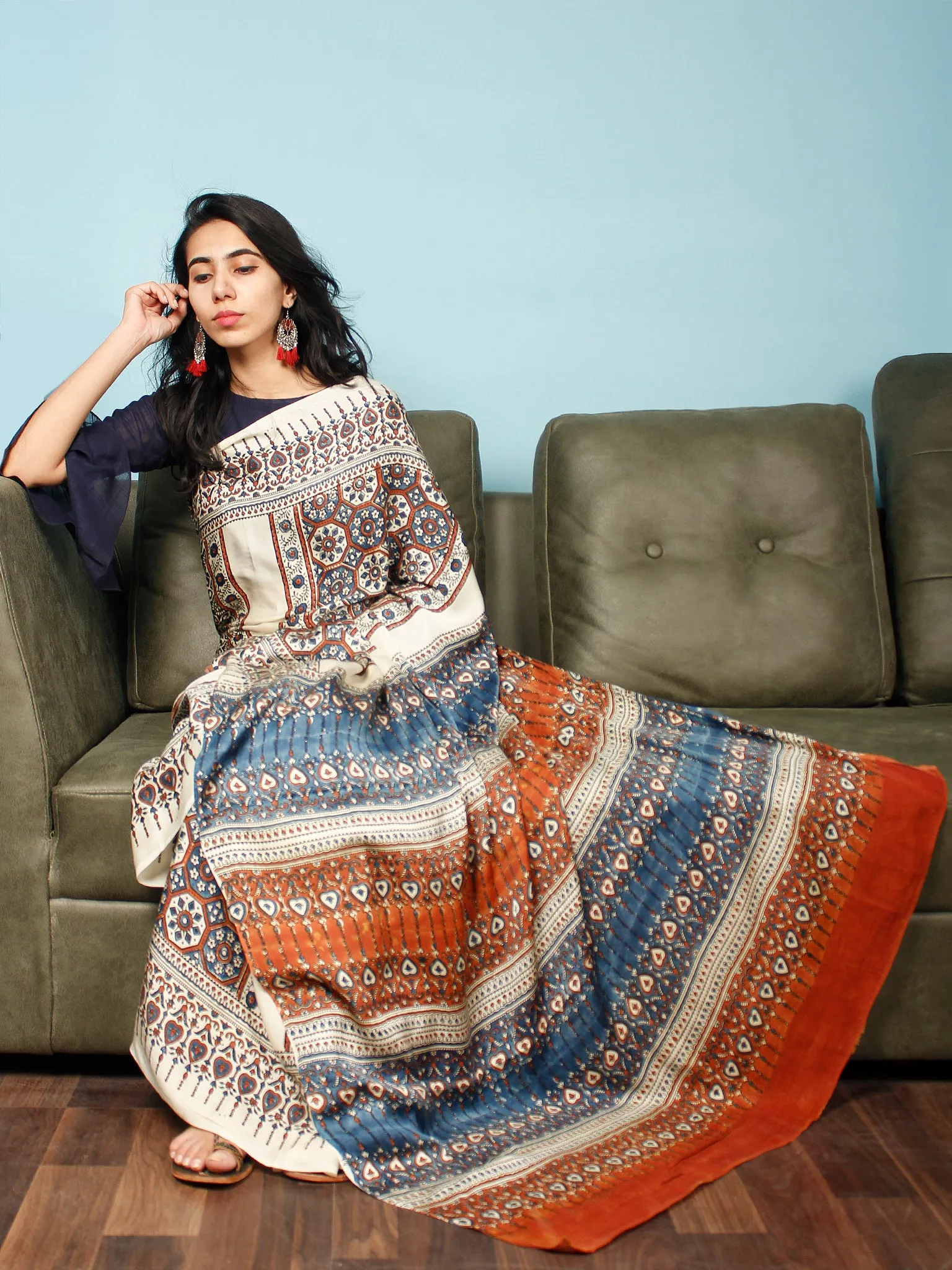 Ivory Indigo Rust Ajrakh Hand Block Printed Modal Silk Saree in Natural Colors - S031703374
