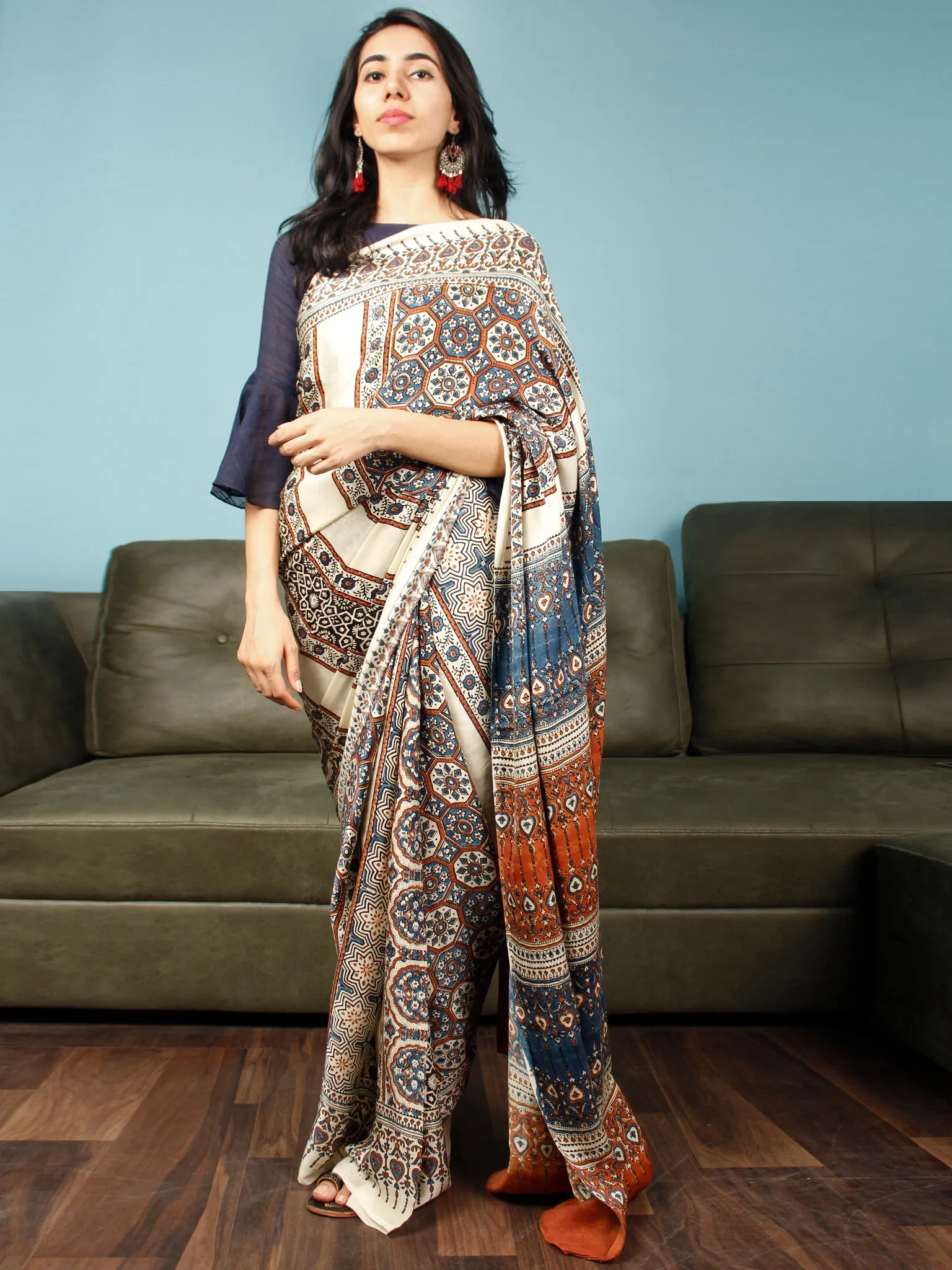 Ivory Indigo Rust Ajrakh Hand Block Printed Modal Silk Saree in Natural Colors - S031703374