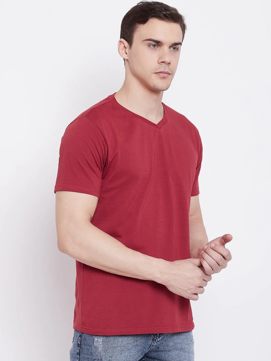 JUMP USA Men Red Solid V-neck Tshirt