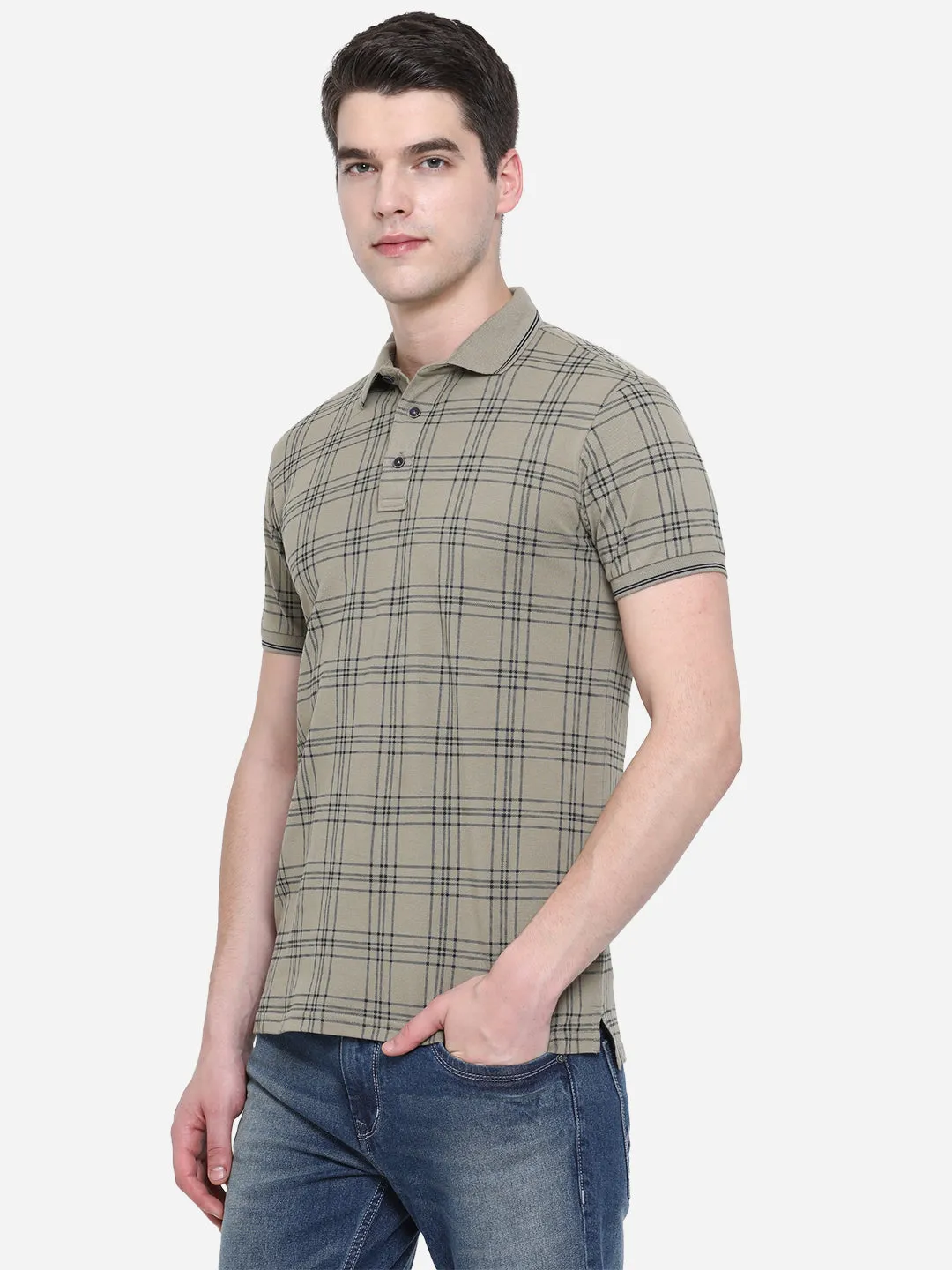 Light Olive Printed Slim Fit Polo T-Shirt | JadeBlue