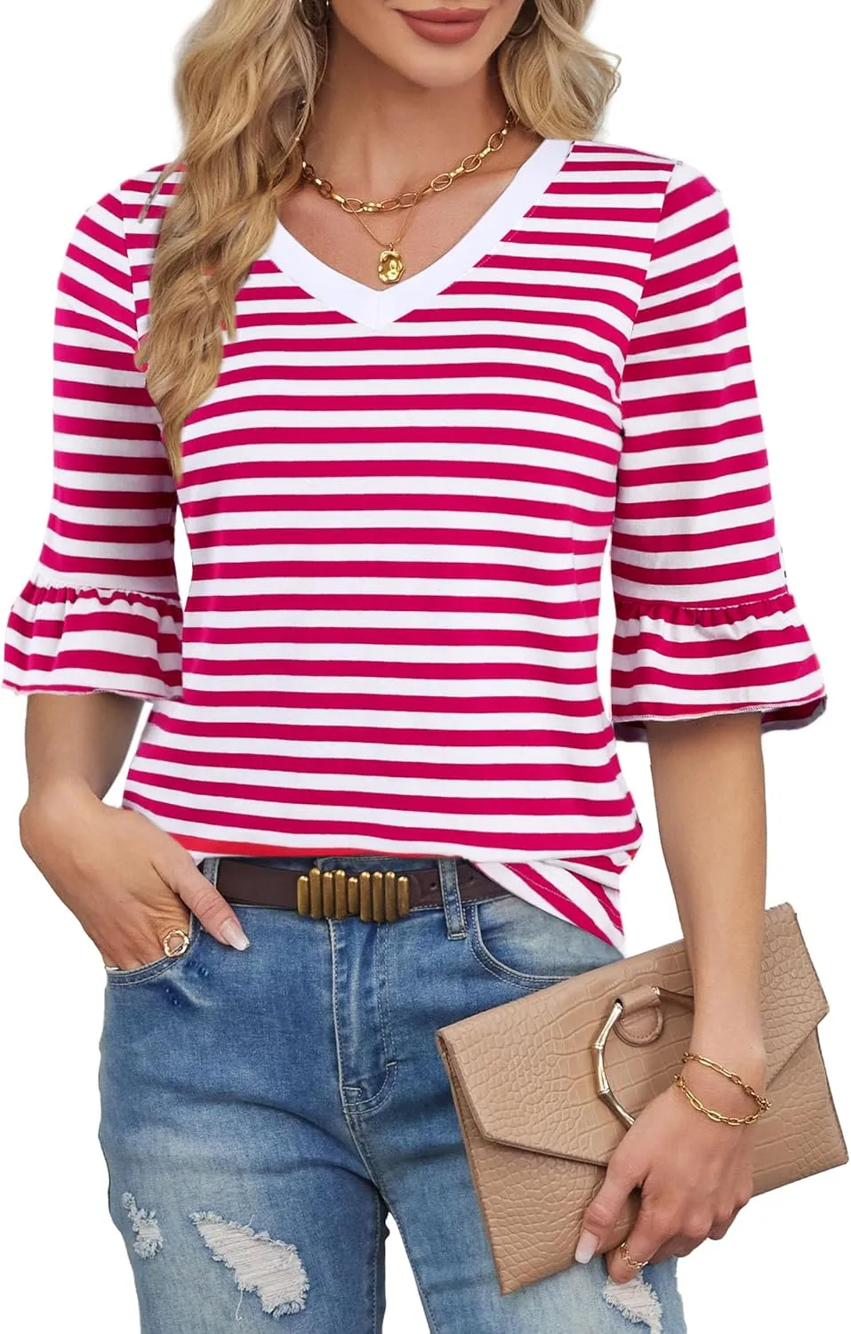 LilyCoco Womens Striped Shirt Ruffle 3/4 Sleeve Casual V Neck T Shirts