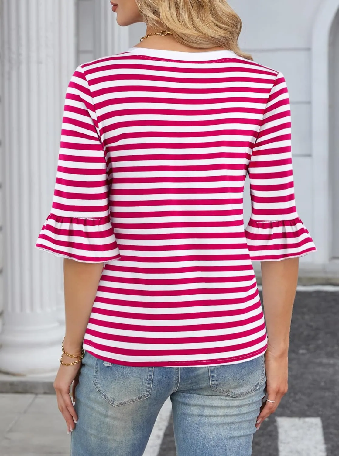 LilyCoco Womens Striped Shirt Ruffle 3/4 Sleeve Casual V Neck T Shirts