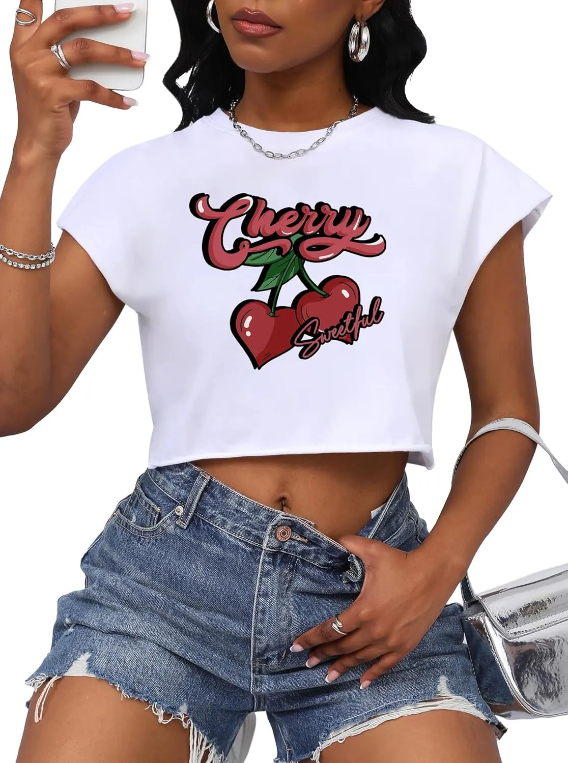 LovelyWholesale Women Cap Sleeve Tops Cropped Graphic Tees Summer Short Sleeve T Shirts