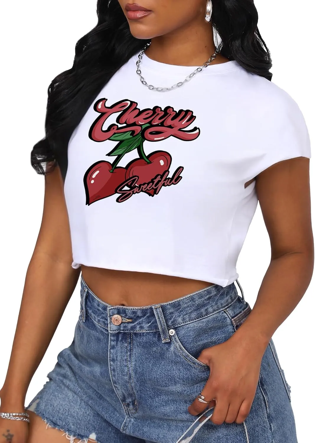 LovelyWholesale Women Cap Sleeve Tops Cropped Graphic Tees Summer Short Sleeve T Shirts