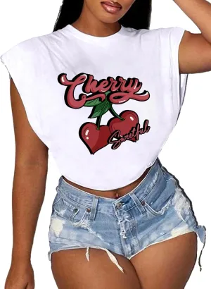 LovelyWholesale Women Cap Sleeve Tops Cropped Graphic Tees Summer Short Sleeve T Shirts