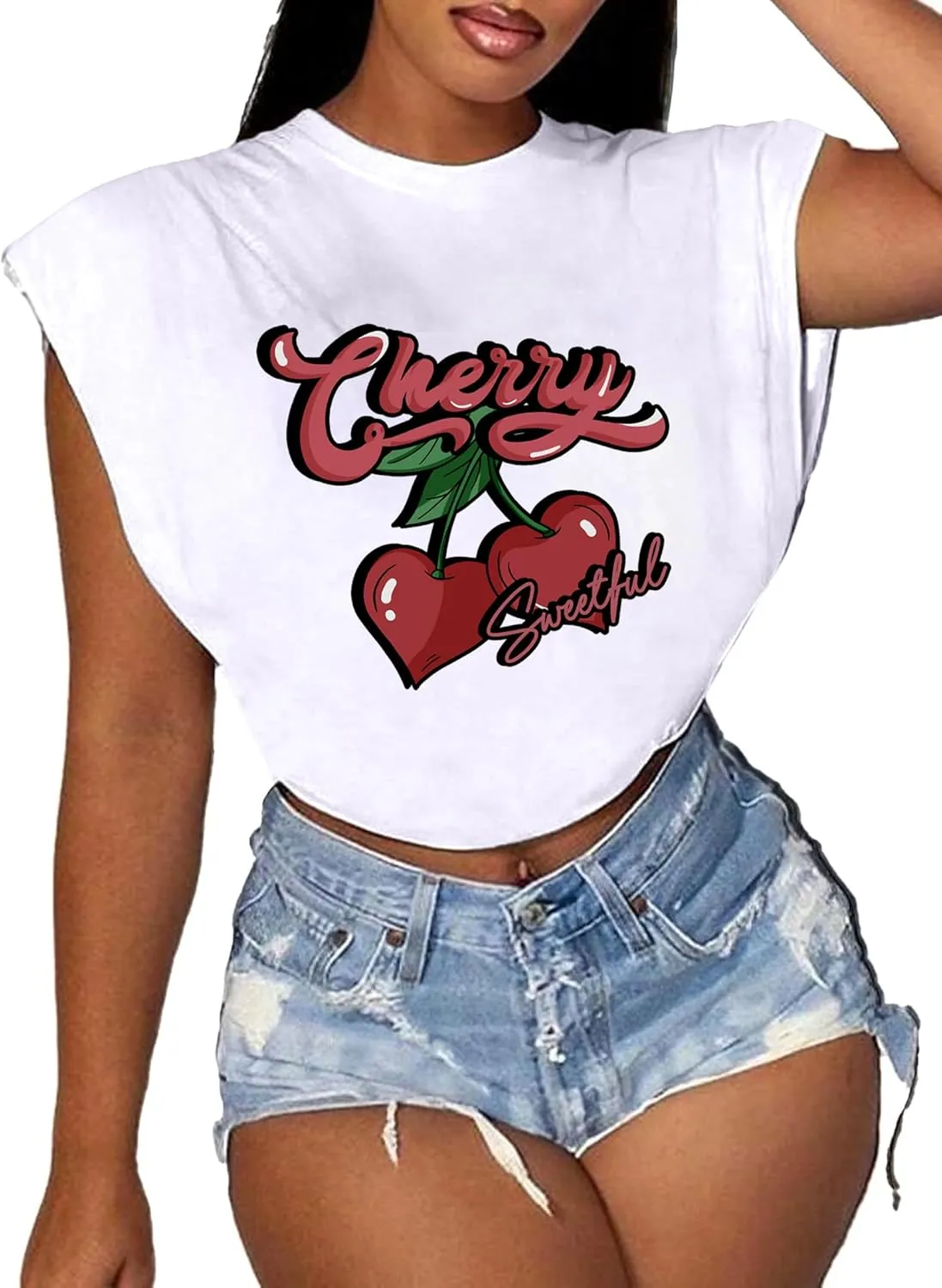 LovelyWholesale Women Cap Sleeve Tops Cropped Graphic Tees Summer Short Sleeve T Shirts