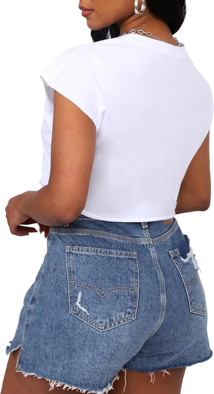 LovelyWholesale Women Cap Sleeve Tops Cropped Graphic Tees Summer Short Sleeve T Shirts