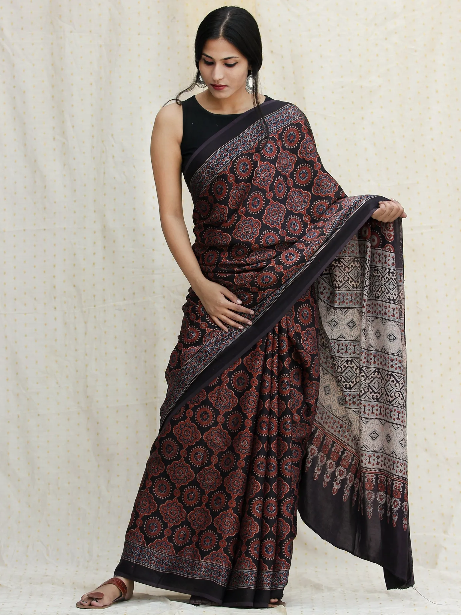 Maroon Black Indigo Ajrakh Hand Block Printed Modal Silk Saree - S031704121