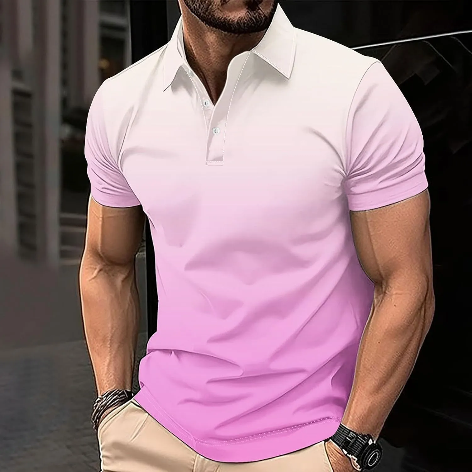 Mens Casual Polo Shirts Gradient Color Button up Short Sleeve T-Shirt Novelty Summer Fitness Gym Athletic Active Tops
