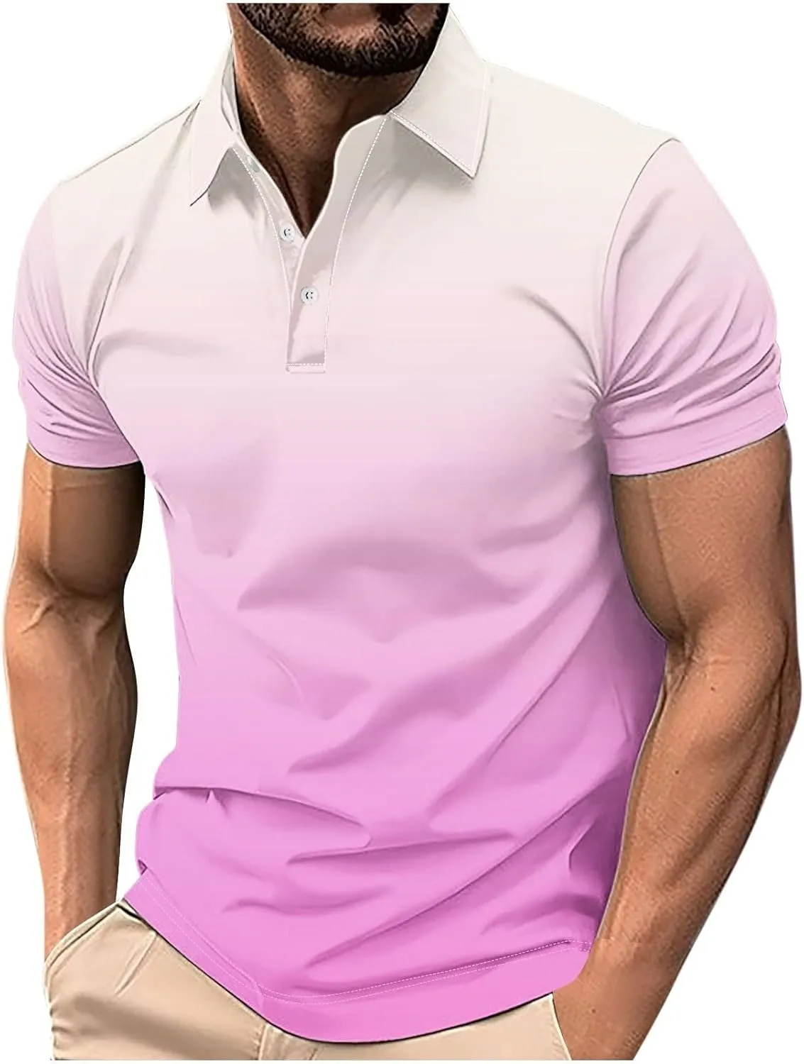 Mens Casual Polo Shirts Gradient Color Button up Short Sleeve T-Shirt Novelty Summer Fitness Gym Athletic Active Tops