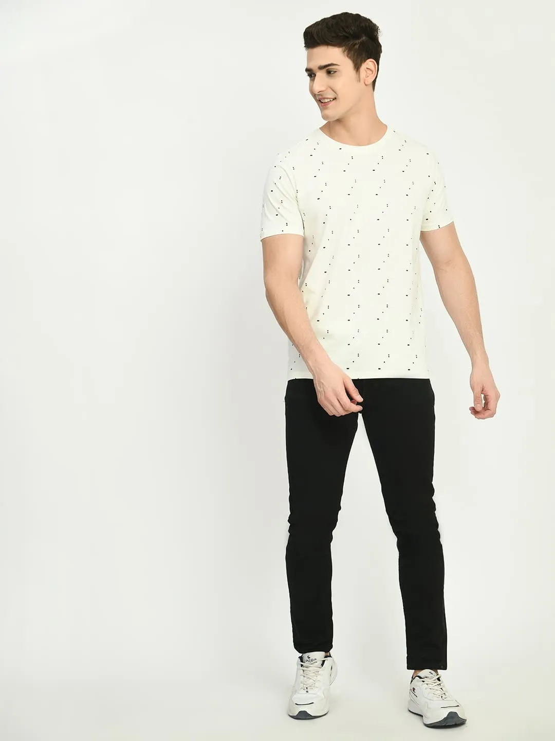 Men's White Printed Dot T-Shirt