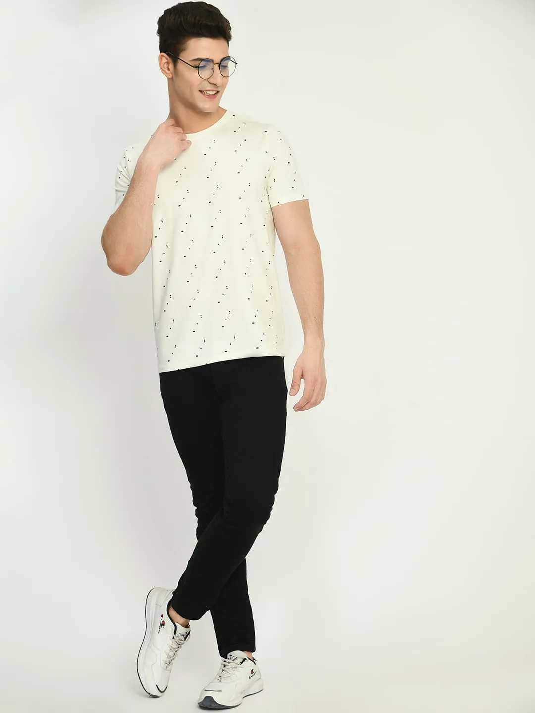 Men's White Printed Dot T-Shirt
