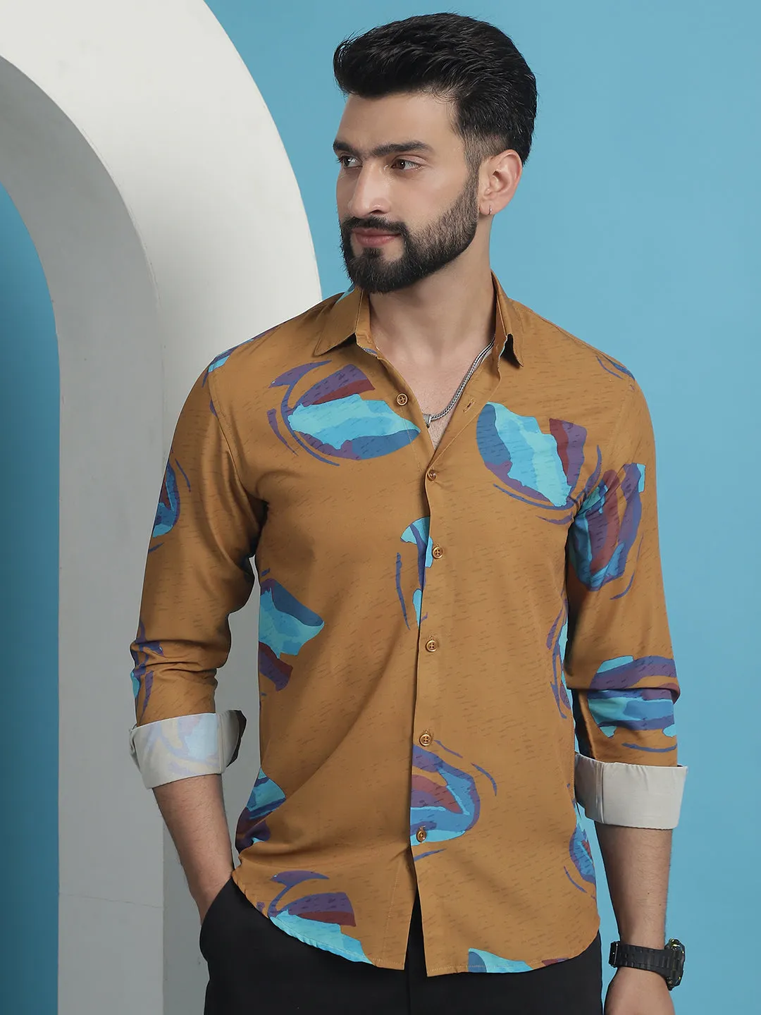 Mustard Floral Printed Cotton Casual Shirt