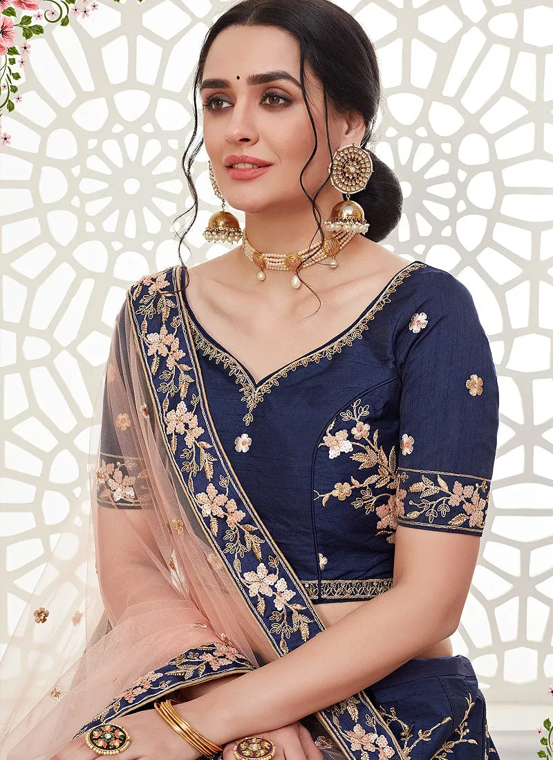 Navy Blue Floral Embroidered Designer Lehenga Choli