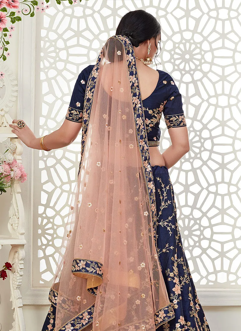 Navy Blue Floral Embroidered Designer Lehenga Choli