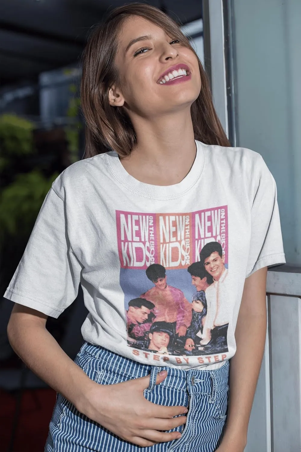 New Kids On The Block Step by Step Mens White Short Sleeve T Shirt 90s Music Boy Band Graphic Tees