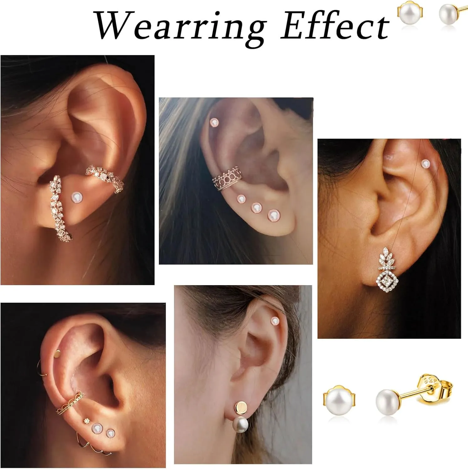 Pearl Stud Earrings Sterling Silver Small Tiny 3-5mm White Freshwater Pearl Earrings Studs Silver/Gold for Women