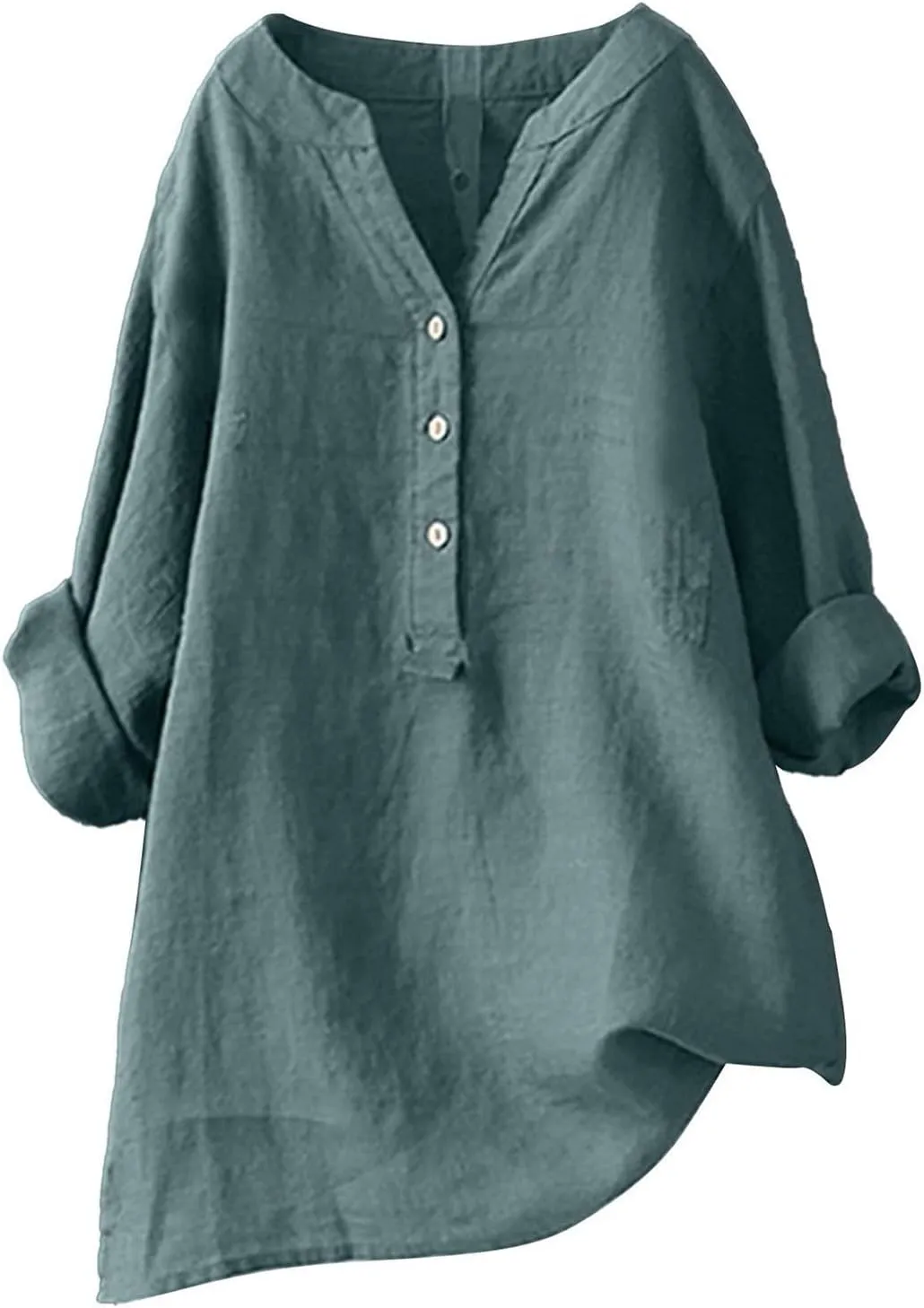 Plus Size Linen Tops for Women V Neck Long Sleeve Button Down Shirts Office Work Blouse Summer Beach Vacation Tunics