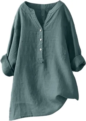 Plus Size Linen Tops for Women V Neck Long Sleeve Button Down Shirts Office Work Blouse Summer Beach Vacation Tunics