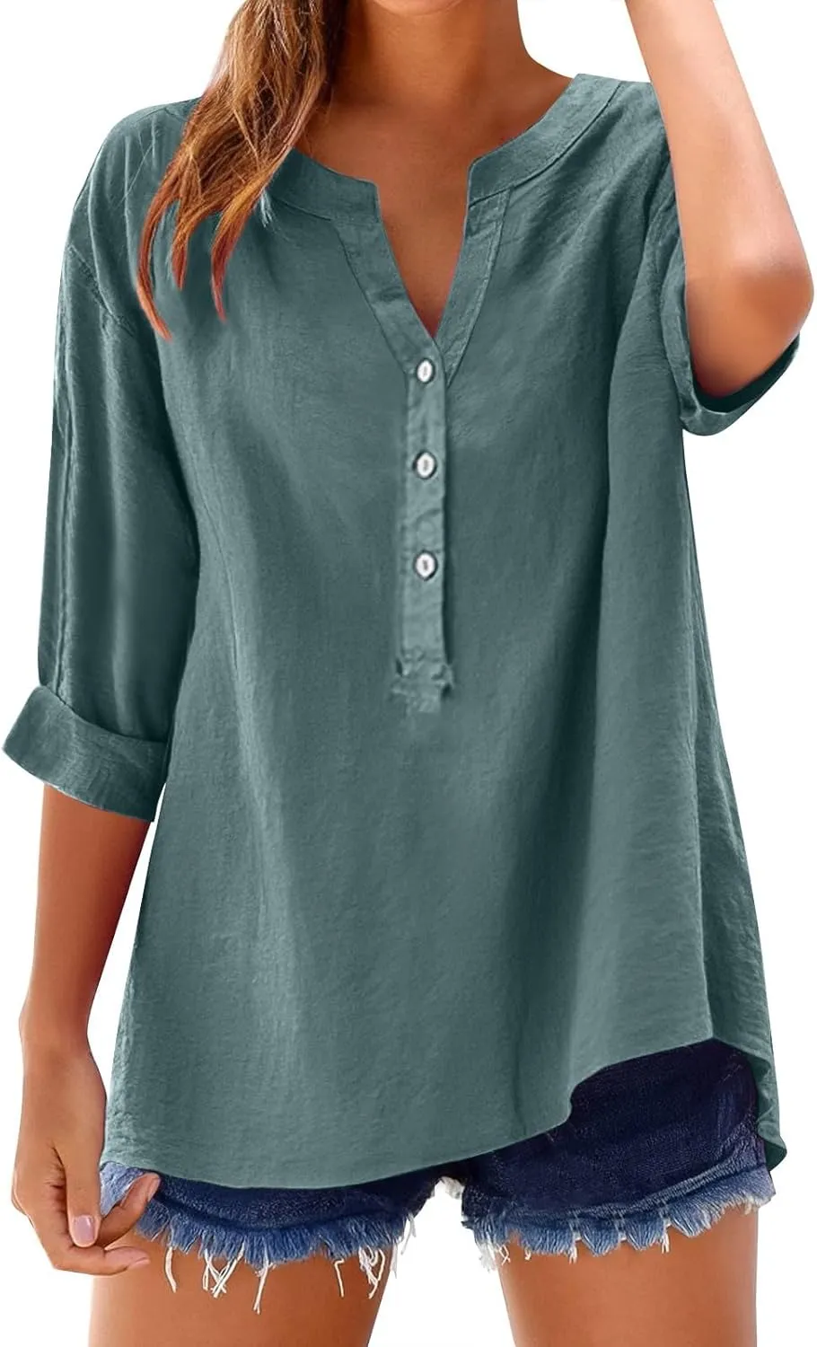 Plus Size Linen Tops for Women V Neck Long Sleeve Button Down Shirts Office Work Blouse Summer Beach Vacation Tunics