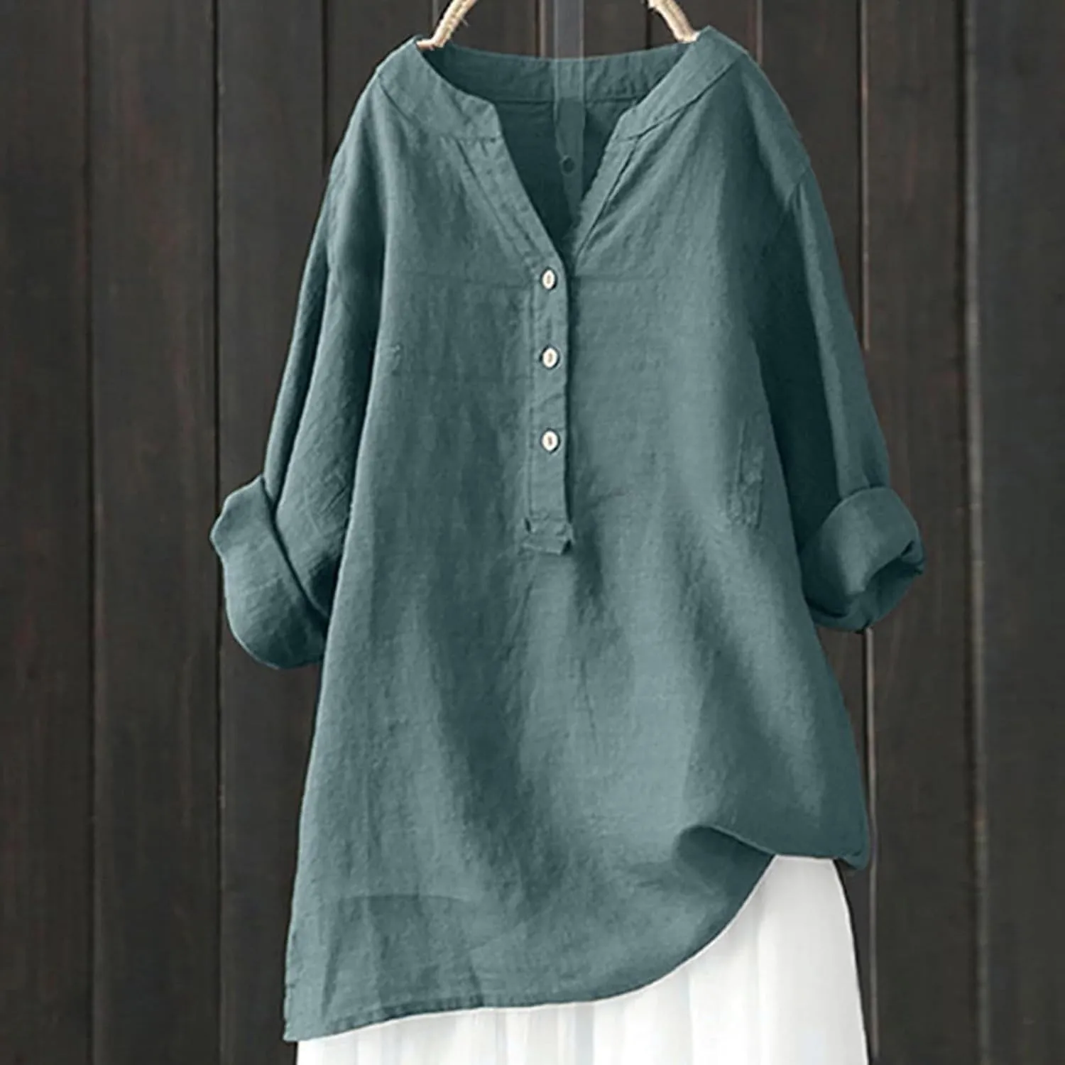 Plus Size Linen Tops for Women V Neck Long Sleeve Button Down Shirts Office Work Blouse Summer Beach Vacation Tunics