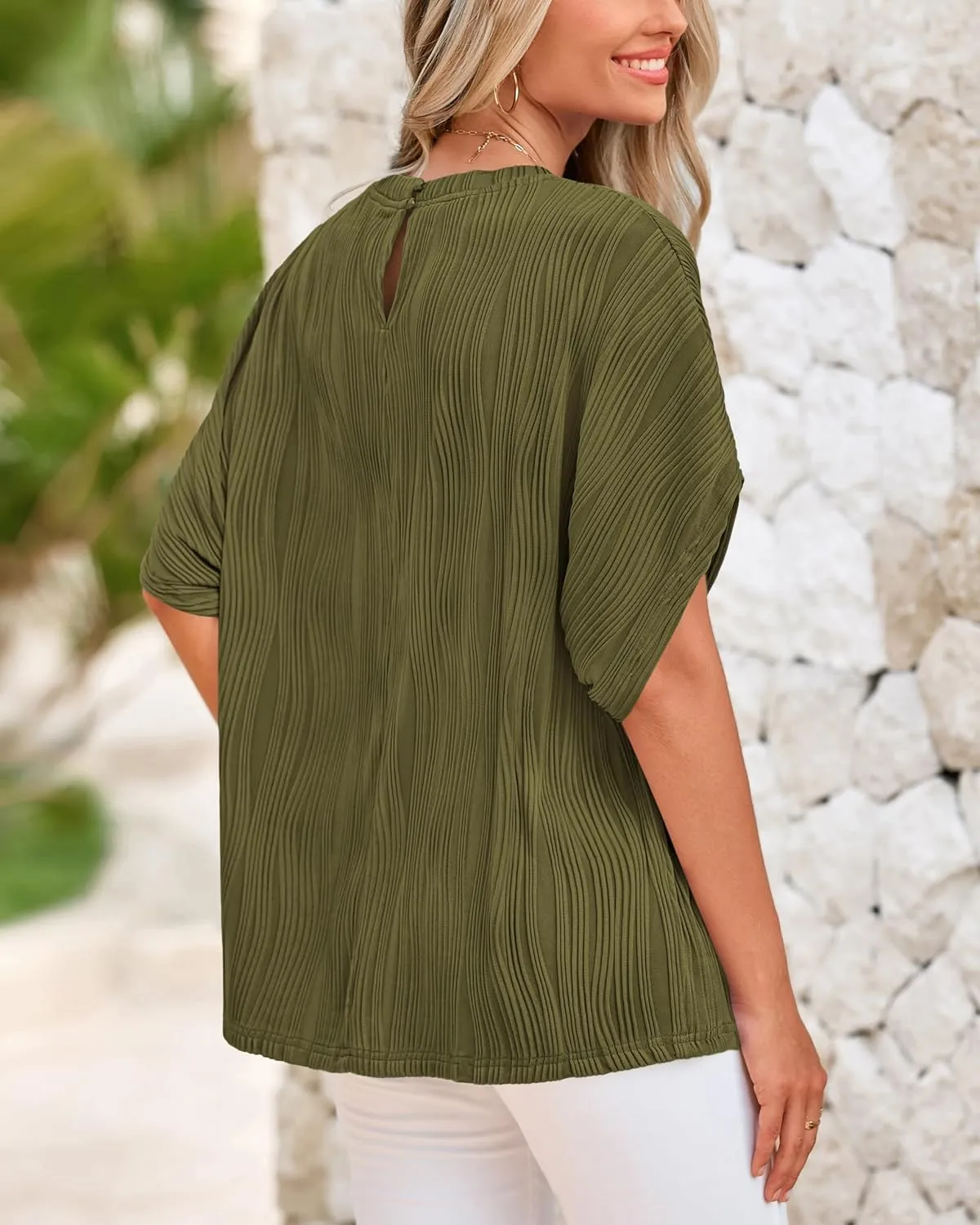 PRETTYGARDEN Women's Tops 2025 Summer Casual Crewneck Short Sleeve Textured Shirts Going Out Work Blouse Basic Tunic Top
