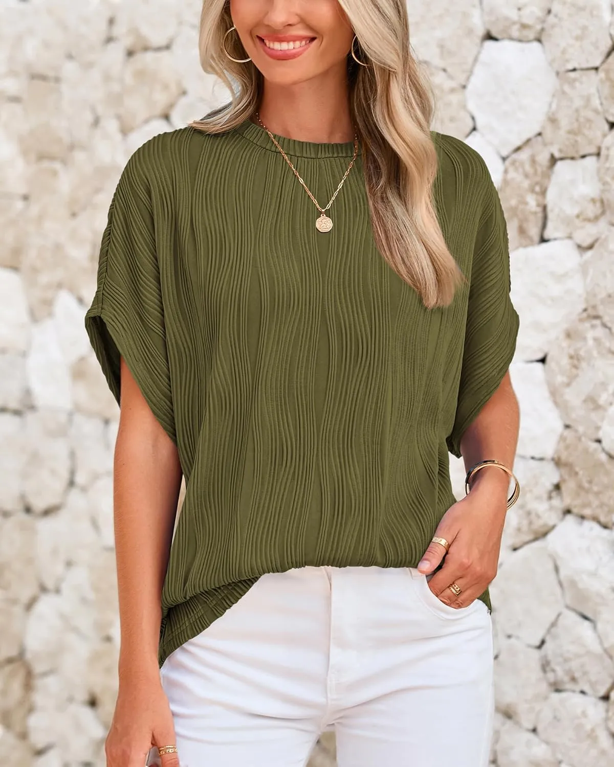 PRETTYGARDEN Women's Tops 2025 Summer Casual Crewneck Short Sleeve Textured Shirts Going Out Work Blouse Basic Tunic Top