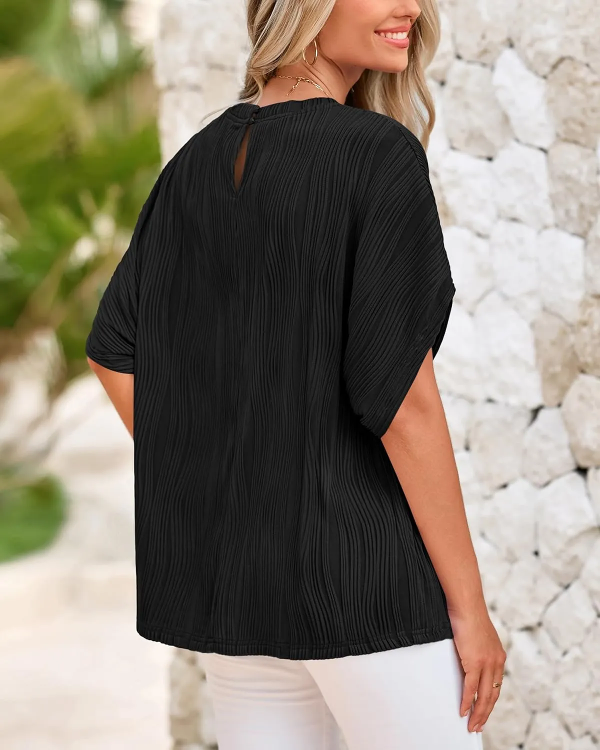 PRETTYGARDEN Women's Tops 2025 Summer Casual Crewneck Short Sleeve Textured Shirts Going Out Work Blouse Basic Tunic Top