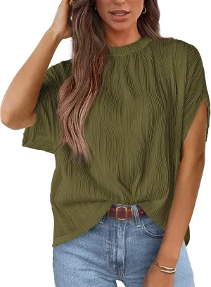 PRETTYGARDEN Women's Tops 2025 Summer Casual Crewneck Short Sleeve Textured Shirts Going Out Work Blouse Basic Tunic Top