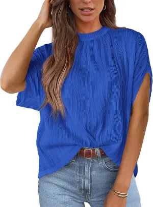 PRETTYGARDEN Women's Tops 2025 Summer Casual Crewneck Short Sleeve Textured Shirts Going Out Work Blouse Basic Tunic Top