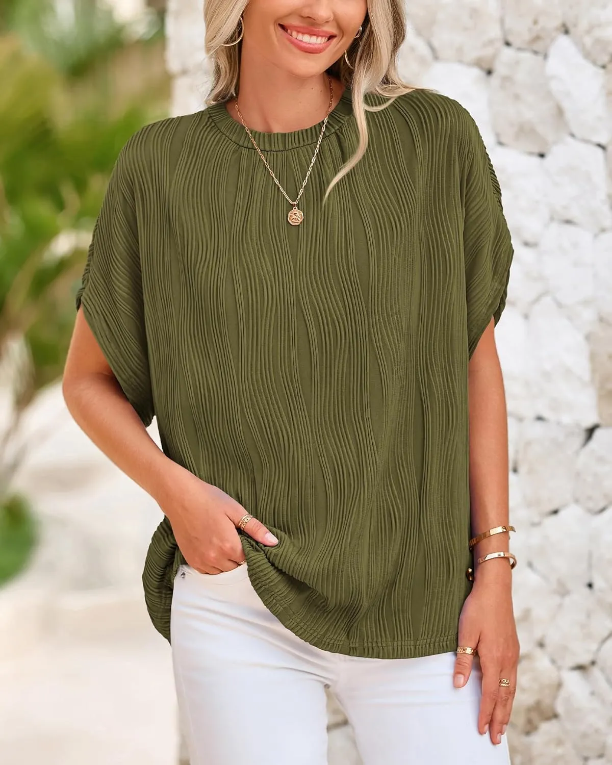 PRETTYGARDEN Women's Tops 2025 Summer Casual Crewneck Short Sleeve Textured Shirts Going Out Work Blouse Basic Tunic Top